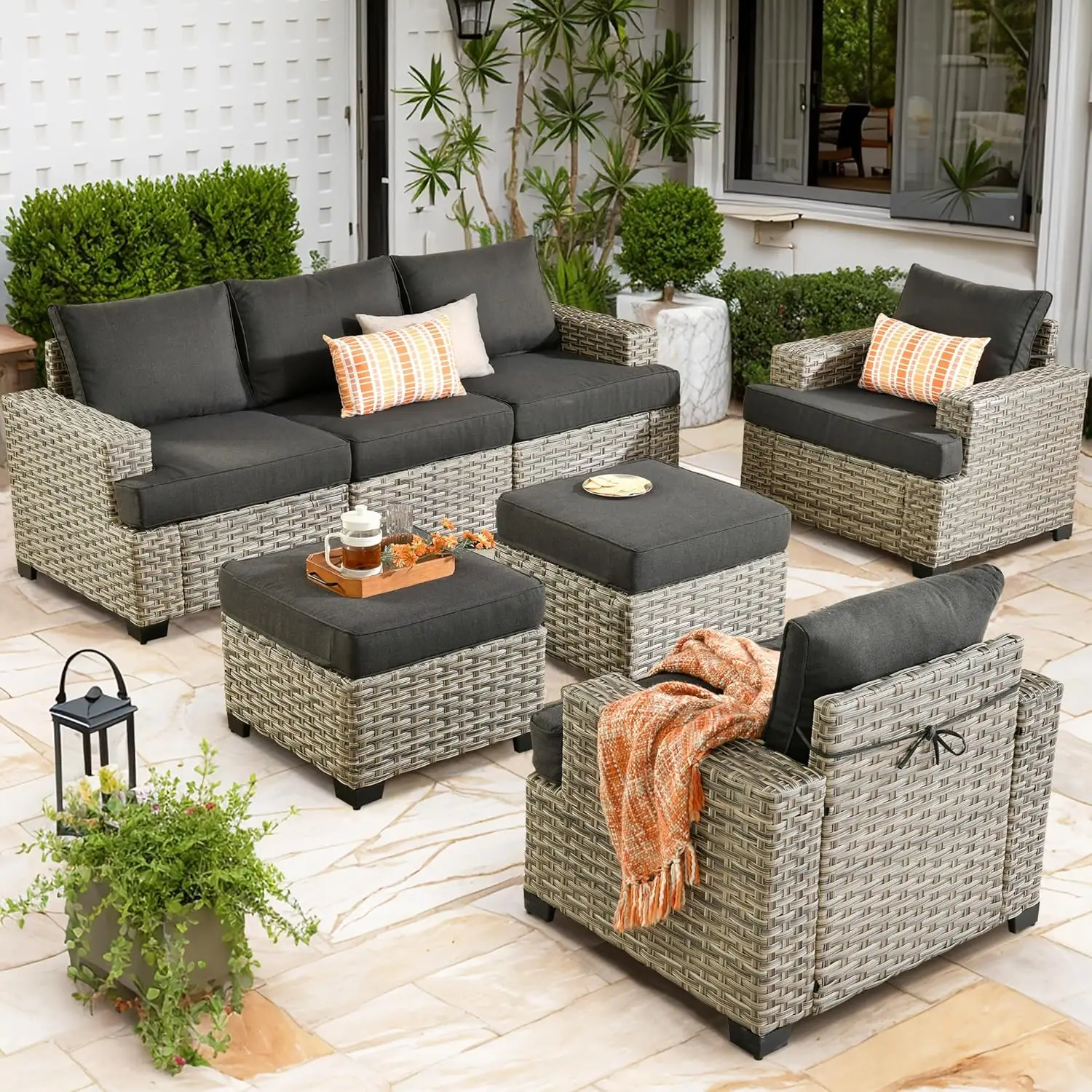 

Patio Furniture Sets 7 PC Outdoor Sectional Rattan Sofa Manual Weaving Wicker Patio Conversation Set with Ottomans, T Cushion