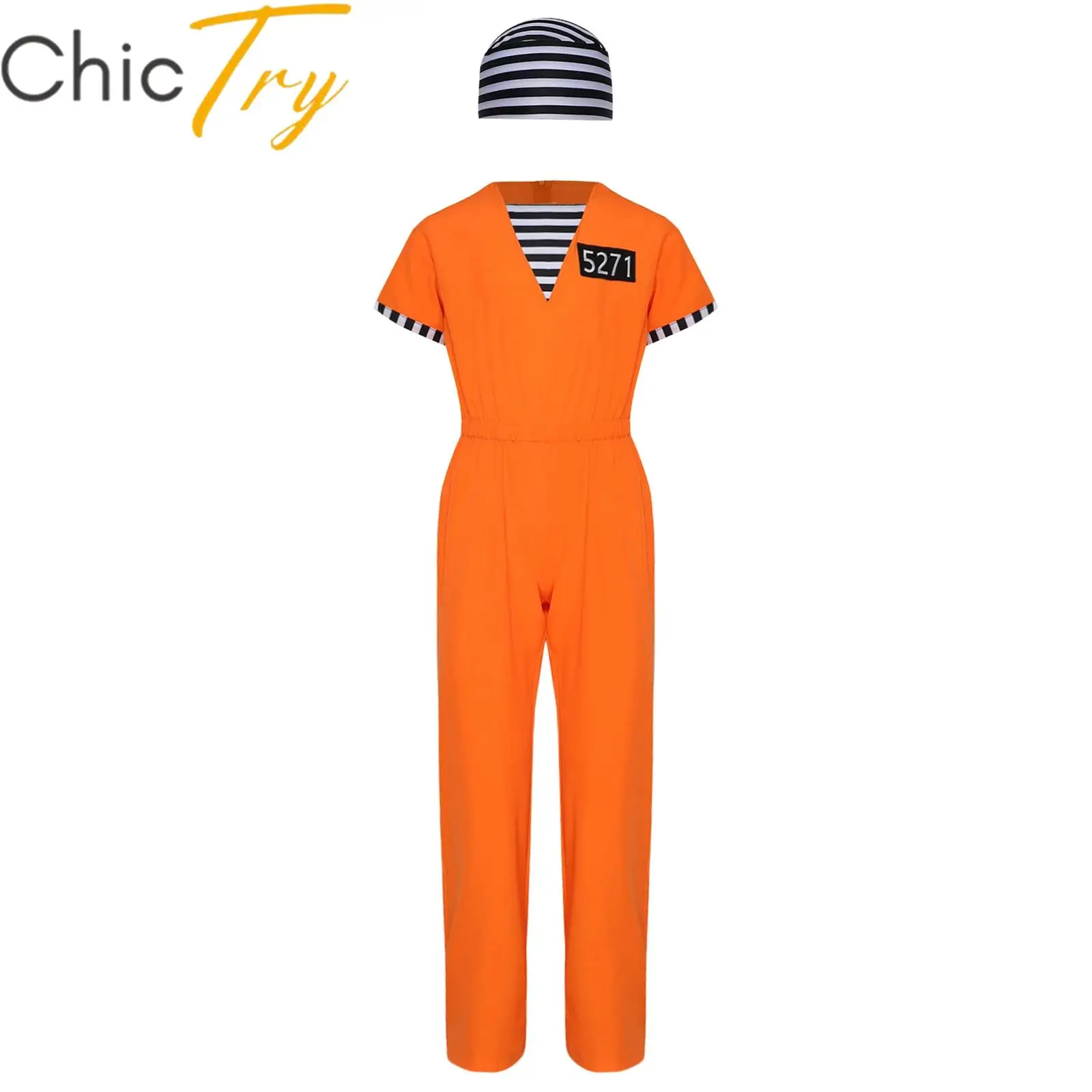 

Kids Prisoner Cosplay Costume Boys Girls Stripes Jumpsuit Romper with Hat Jailbird Inmate Prison Uniform Carnival Party Dress Up