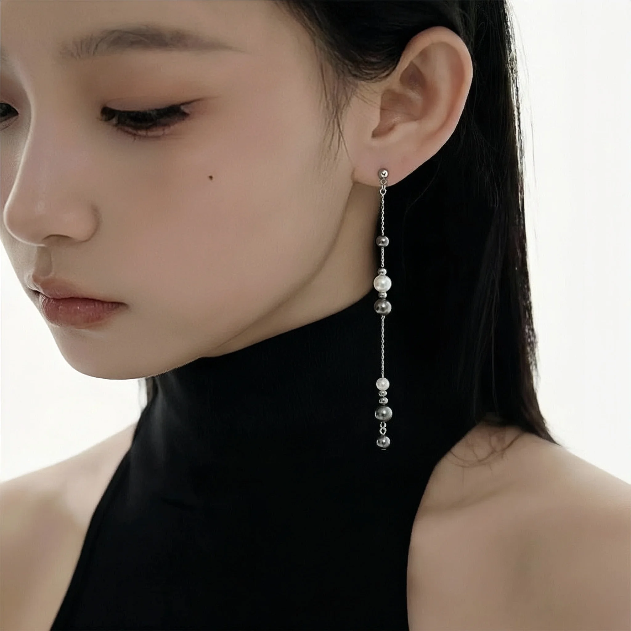 Y2k Vintage Kpop Grey Pearl Long Style Stainless Steel  Earrings  Aesthetic Emo Long Tassel Chain Earrings for Women Jewelry