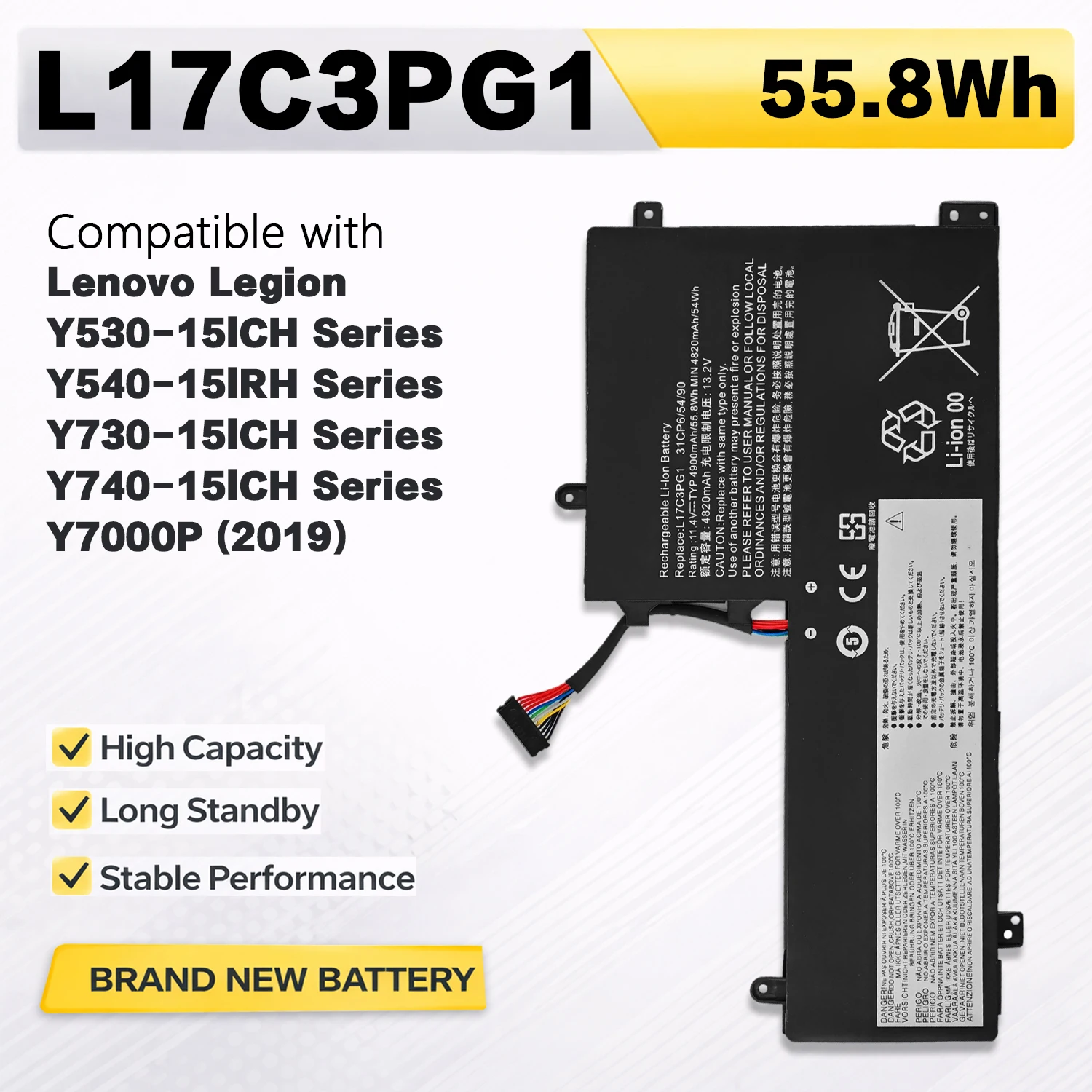 Batería PowerHub L17C3PG1 L17L3PG1 55.8Wh para Lenovo Legion Y530-15ICH Y540-15IRH Y545 Y730-15ICH Y740 Y7000 Y7000P L17M3PG2