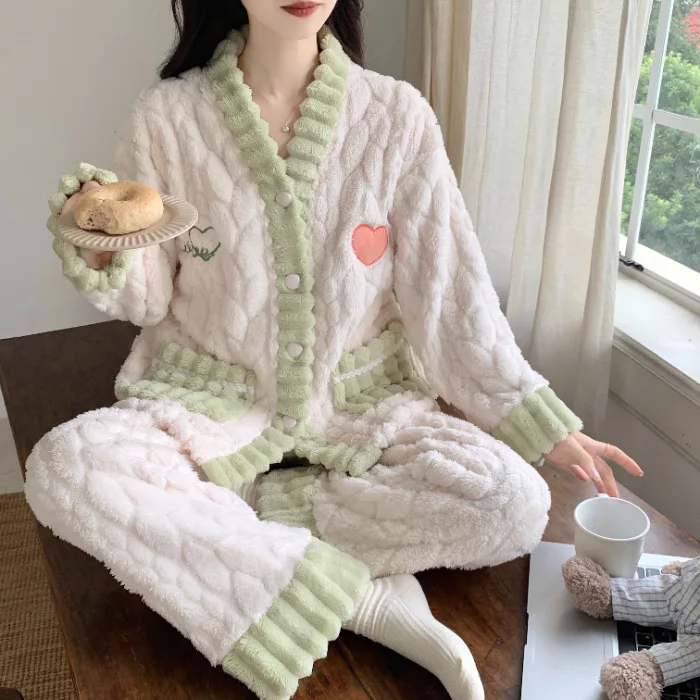 Thickened Warm pajama sets Sleepwear pant sets Winter Flannel Long Sleeve Solid Cardigan Home Wear Padded Pajamas Outside