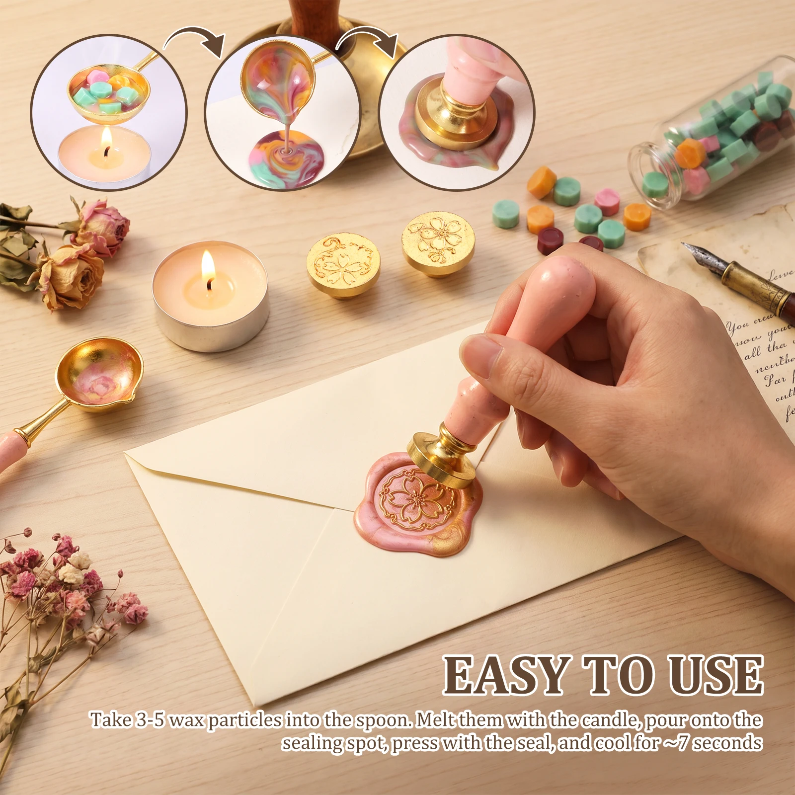 Retro Cherry Blossom Wax Seal Stamp Set Removable Stamp Heads Wax Impression Set Floral Envelope Stamp Tools for Cards Envelopes