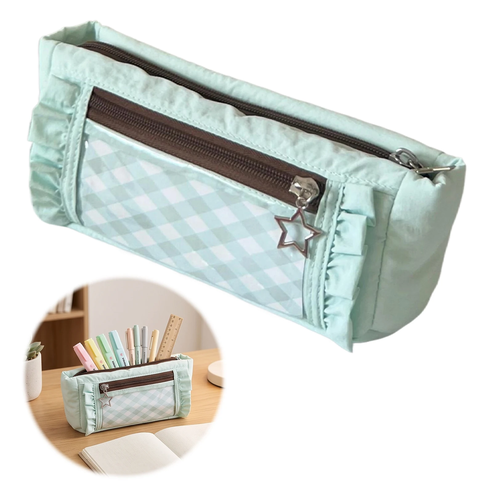 Double Zipper Pencil Case Clear Window Lace Trim Large Capacity Stationery Bag Women