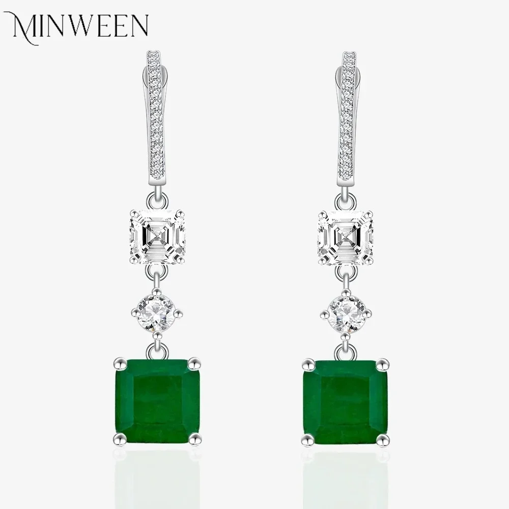 MINWEEN S925 Sterling Silver Square Cushion Cut Emerald Drop Earrings 2.3CT Created Emerald Dangle Earrings Women