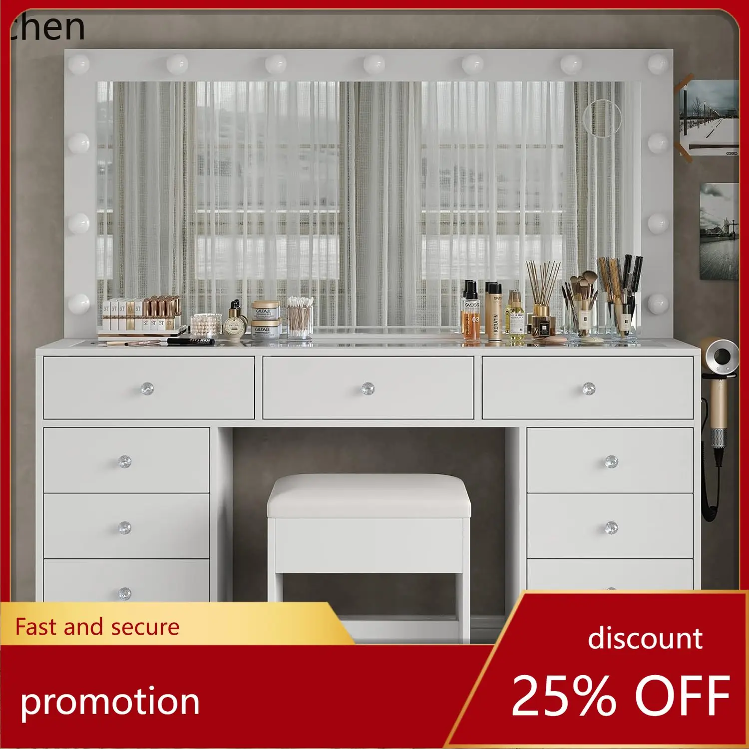 CZ Makeup Table Vanity Table with Mirror for Bedroom Glass Top Set for Home Use