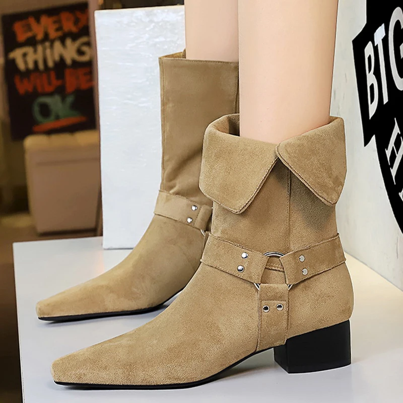 

BIGTREE Shoes Women Mid-Calf Boots Retro style Western boots Square head belt buckle Women Boots suede Thick Heel Autumn Boots