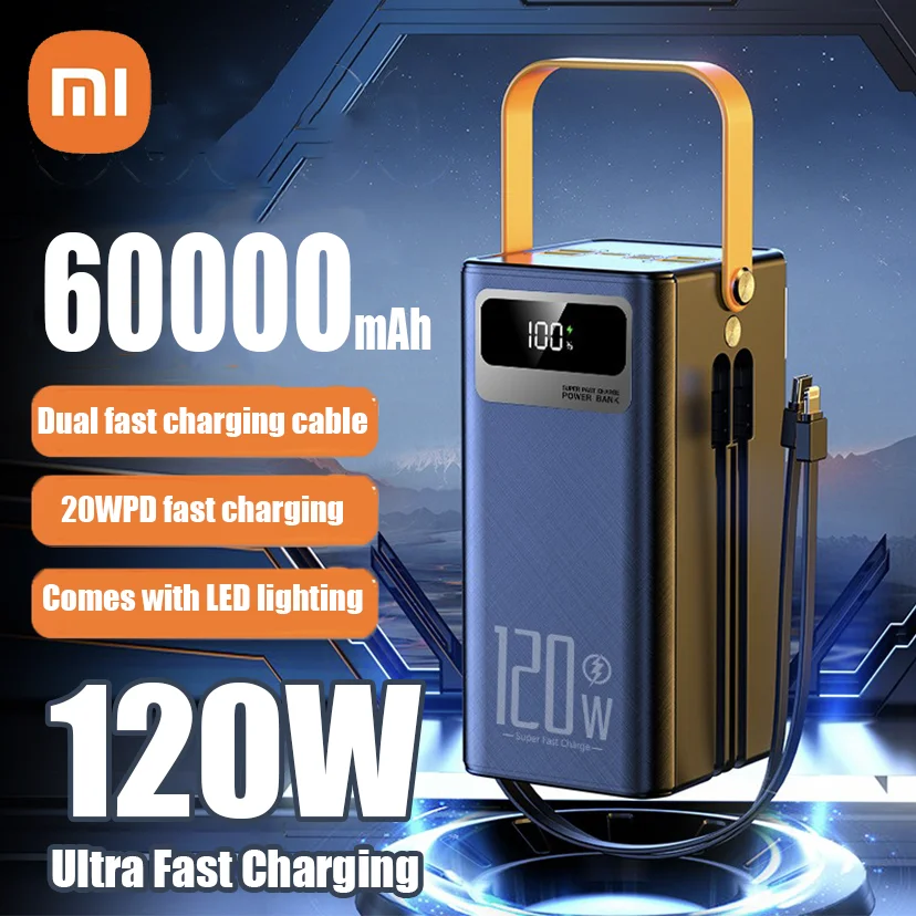 Xiaomi grande capacit 60000mAh 120W batterie externe de charge Super rapide Portable Durable avec cble de Type C intgr batterie externe Mobile