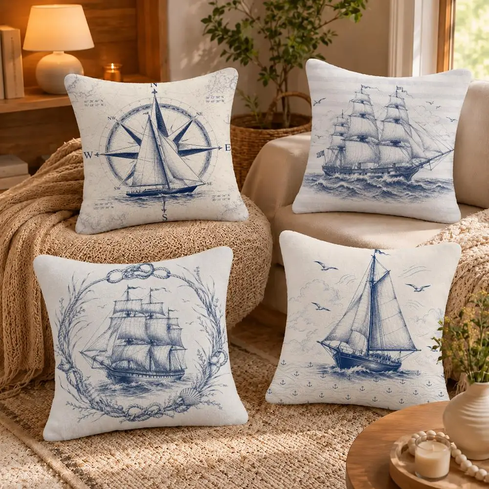 Sailing Sailboat Cushion Cover Short-Plush Cushion Cover Pillowcase — Suitable for Sofas Bedrooms and Home Decor