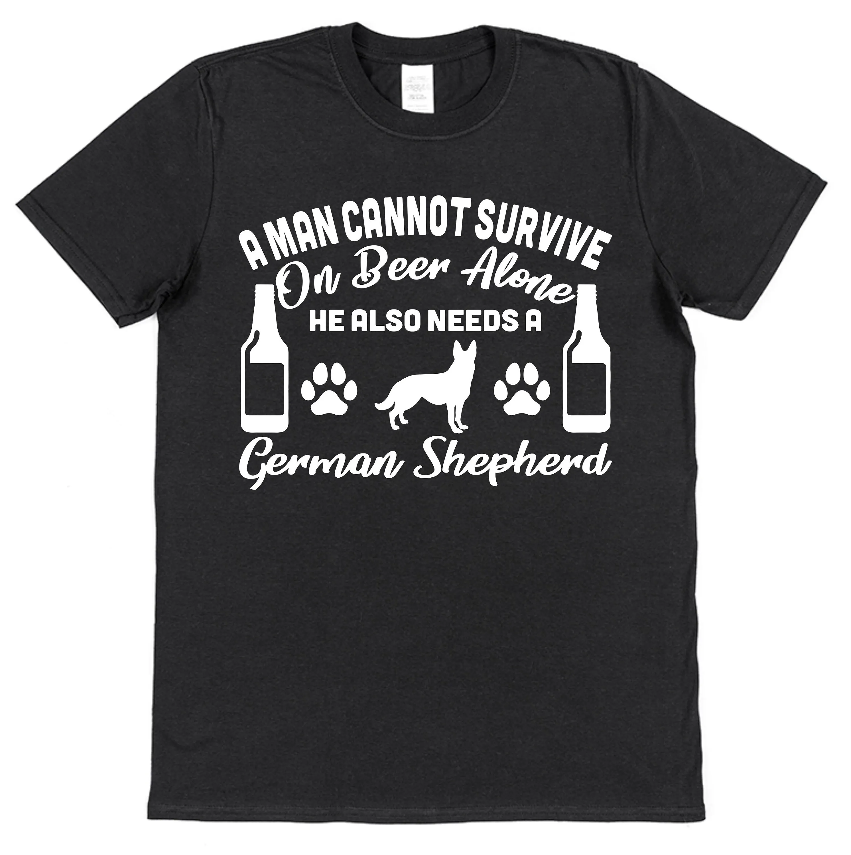 A Man Cannot Survive On Beer Alone He Also Needs German Shepherd T Shirt Dog Dad Alsatian Owner GSD Lover s