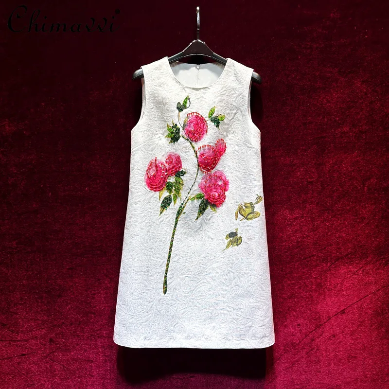 Französisches, elegantes, mit Perlen bedrucktes Sommerkleid aus der Schwerindustrie, Rundhalsausschnitt, ärmellos, hohe Taille, A-Linie, prominentes Abendkleid für Damen