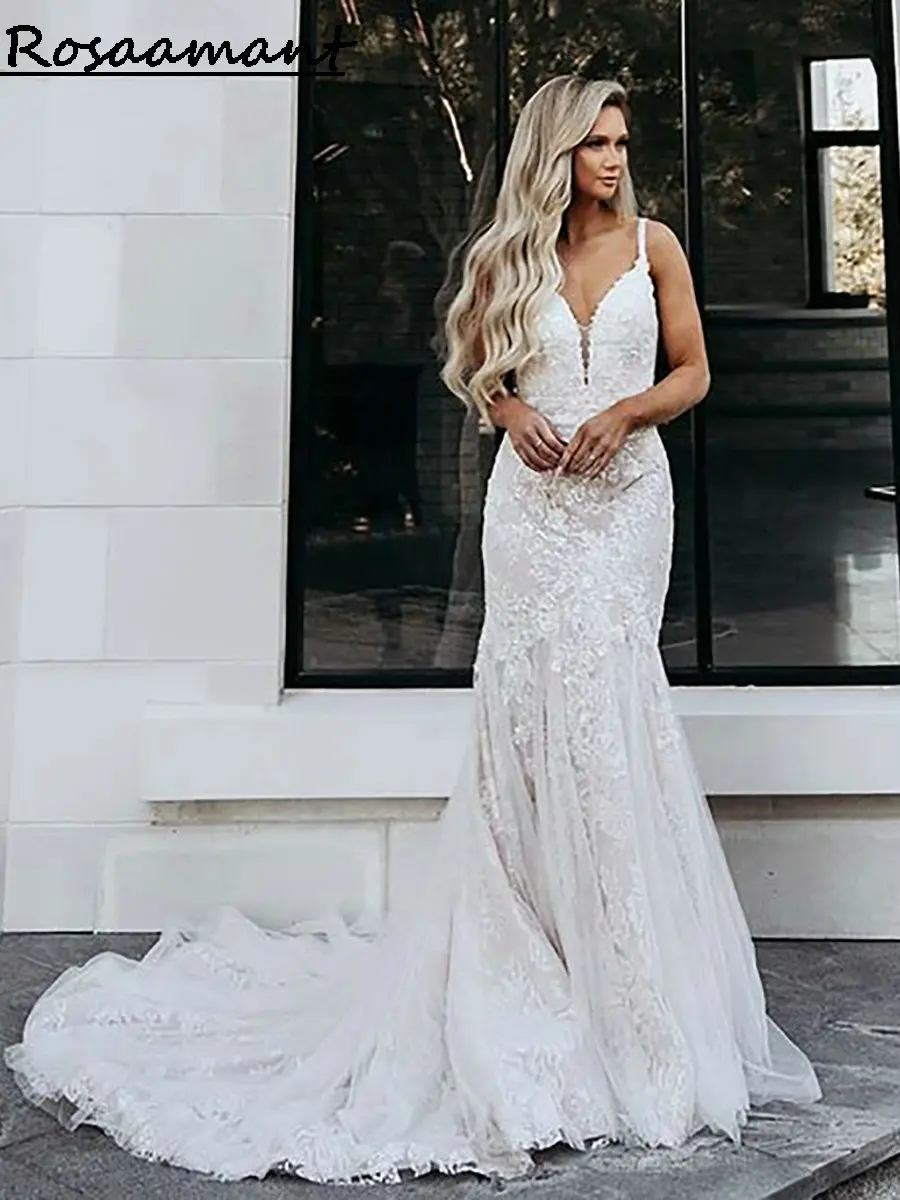 Gaun pengantin renda applique berpayet kerah V menawan gaun pengantin putri duyung tali Spaghetti Backless gaun pengantin Boho