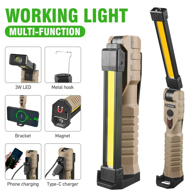 USB Rechargeable Portable COB LED Flashlight Work Light Magnetic Lanterna Hanging Lamp with Built-in Battery Car Service Lamp