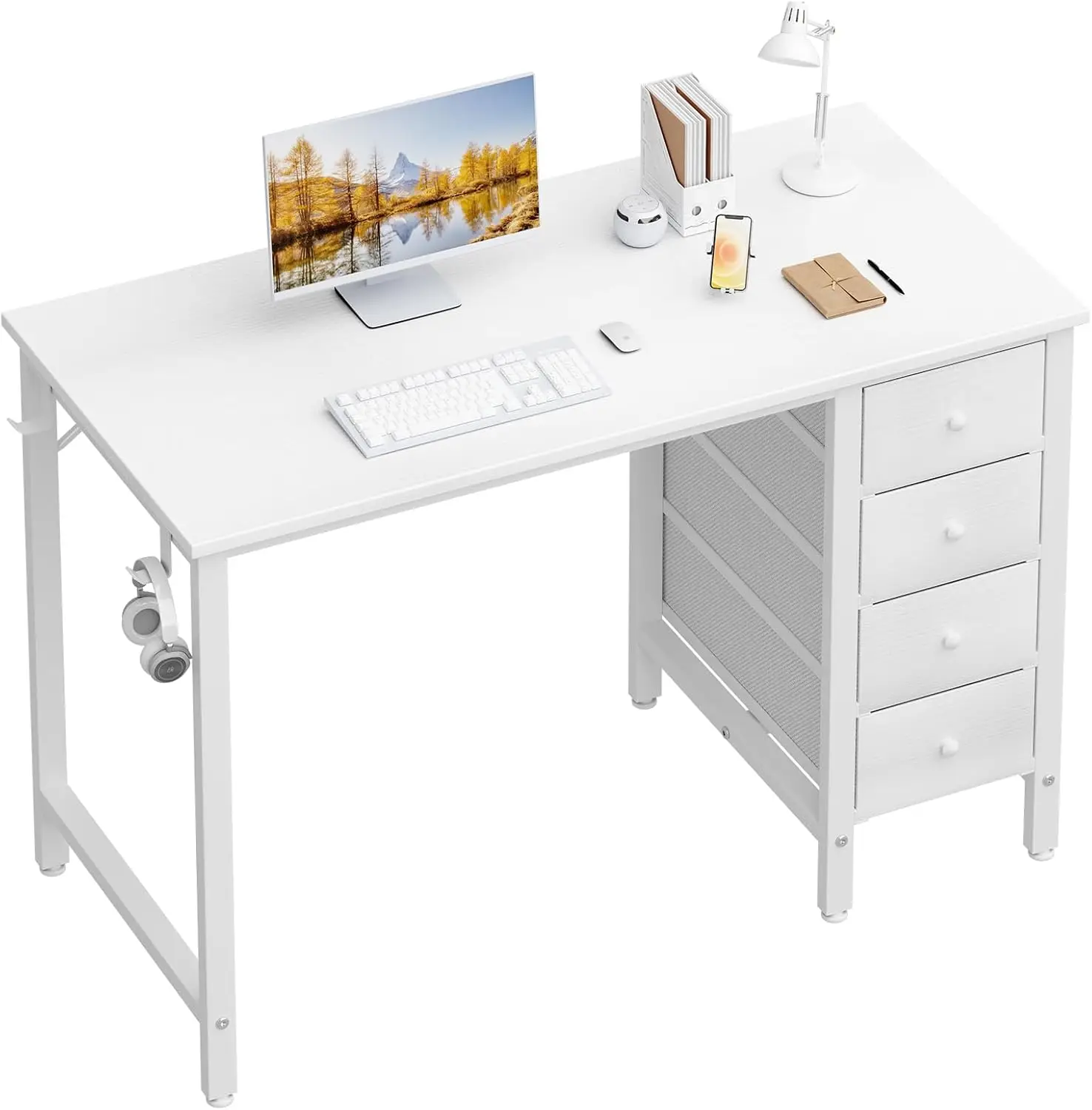 Small White Desk with Fabric Drawers, 40 Inch Kids Girls Teen Cute Study Desk for Bedroom Work, Computer Writing  Home Office