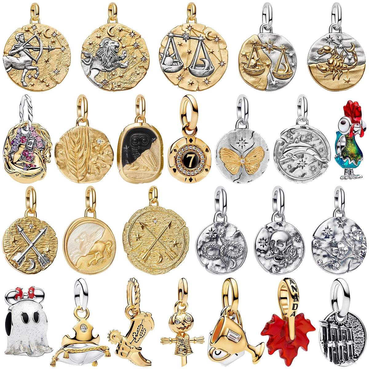 925 Sterling Silver Zodiac Horoscope Charms Constellation Medallion Coin Butterfly Skull Ghost Beads Fit Bracelet DIY Jewelry