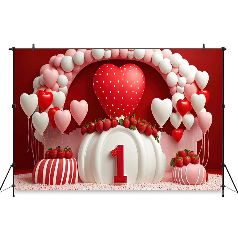 Love บอลลูนพื้นหลังวันวาเลนไทน์หัวใจสตรอเบอร์รี่สาว Happy Birthday ฉากหลังตกแต่งเด็กผู้ใหญ่ Portrait Photo Studio
