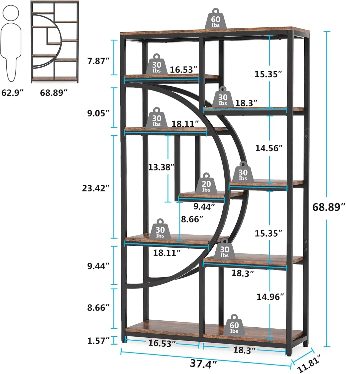 Bookshelf Industrial 5 Tier Bookcase, Freestanding Tall Bookshelves Display Shelf Storage Organizer with 9-Op