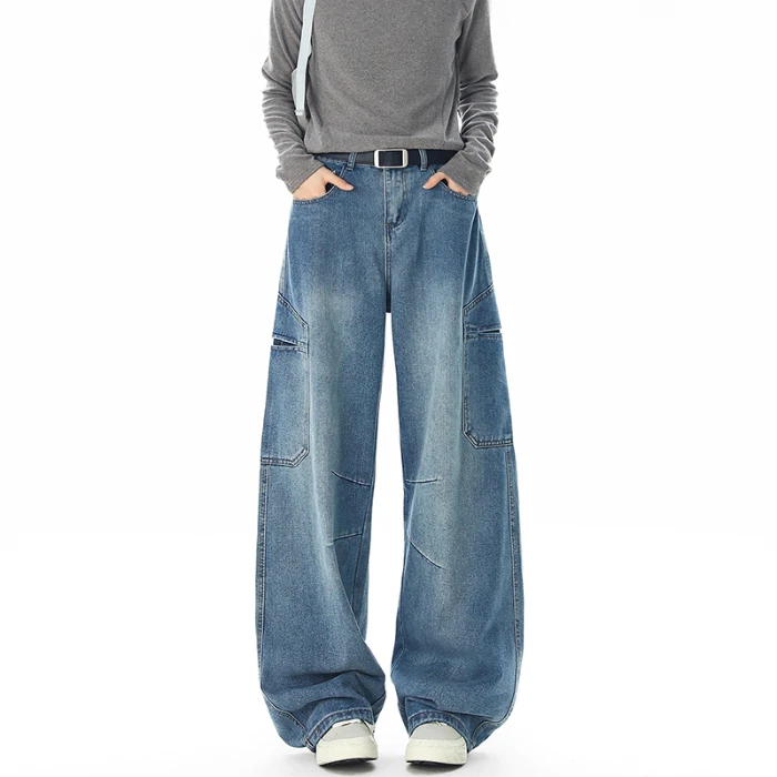 Brand Clothing Men's Baggy Cargo Jeans Khaki Denim Pants Work Style Loose Fit Streetwear Vintage Wash Wide Leg Trousers Male