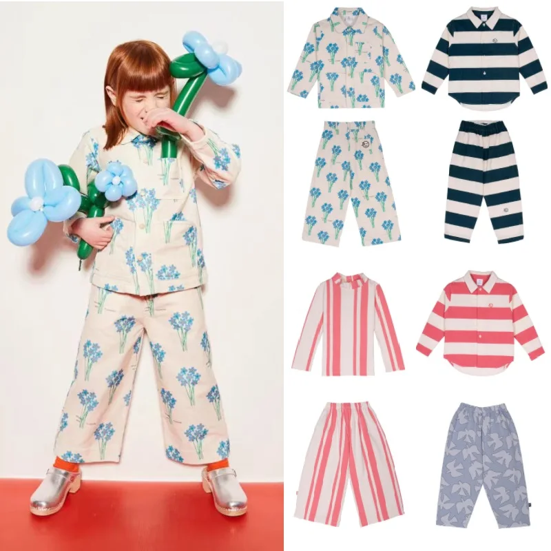 

Children's Shirt 2024 Fall And Winter Striped Fashion Boys Girls Shirt Wide Leg Pants Cotton Printed Tops Children's Clothing