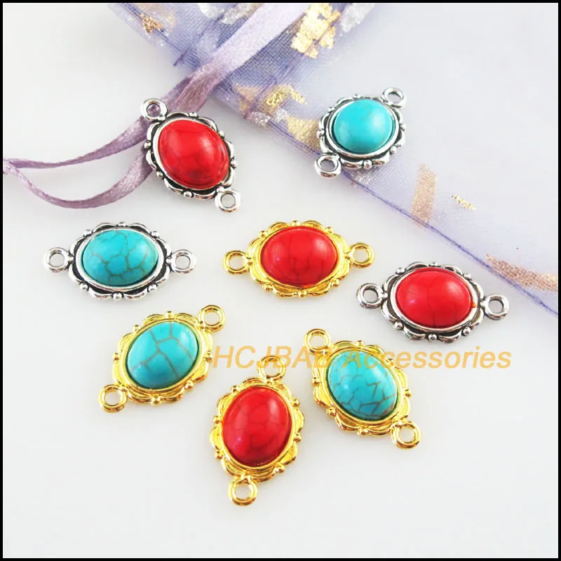 Fashion 20Pcs Retro Gold Color Tibetan Silver Tone Oval Flower Blue&Red Stone Charms Connectors 12x21mm