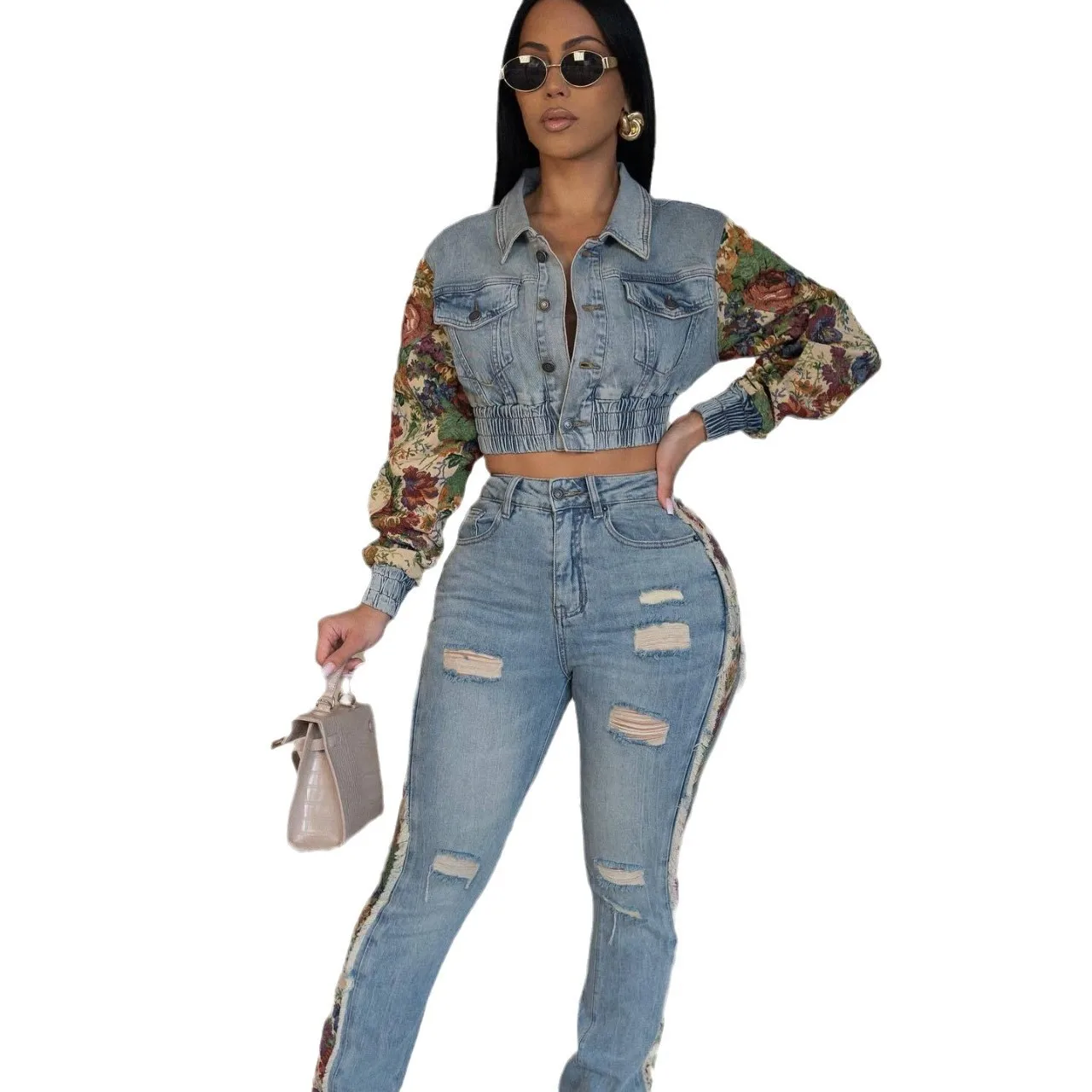 Floral Patchwork Women Denim Two Piece Set Button Up Denim Jackets Distressed Jeans Matching Set 2024 Autumn Winter Outfits