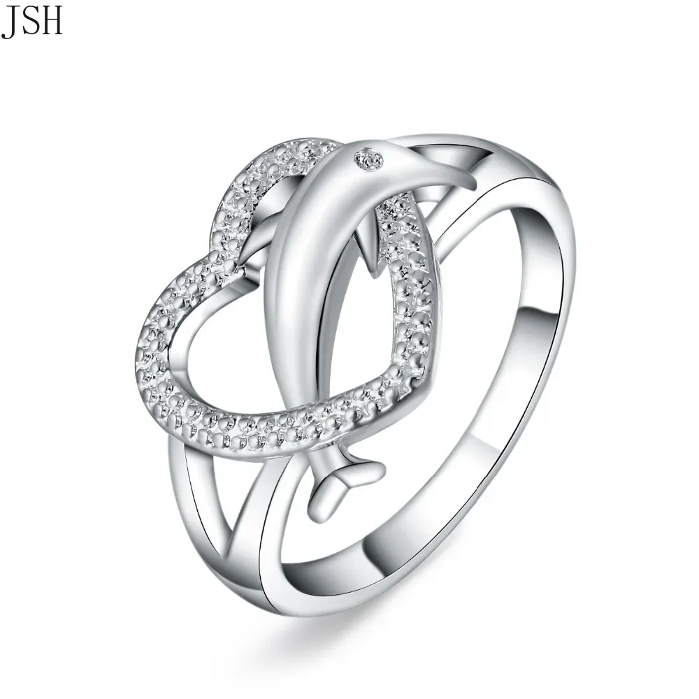 Beautiful Love Heart Dolphin Ring Leaf Hot Cute Noble Pretty Fashion Wedding 925 Sterling Silver Women Lady Ring Jewelry