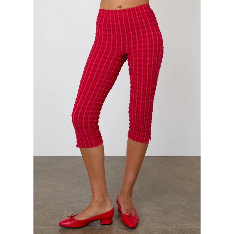 Womens Y2K Vintage Solid/Plaid Textured Pattern Cropped Leggings Elastic High Waist 3/4 Length Slim Pants with Side Split Hem