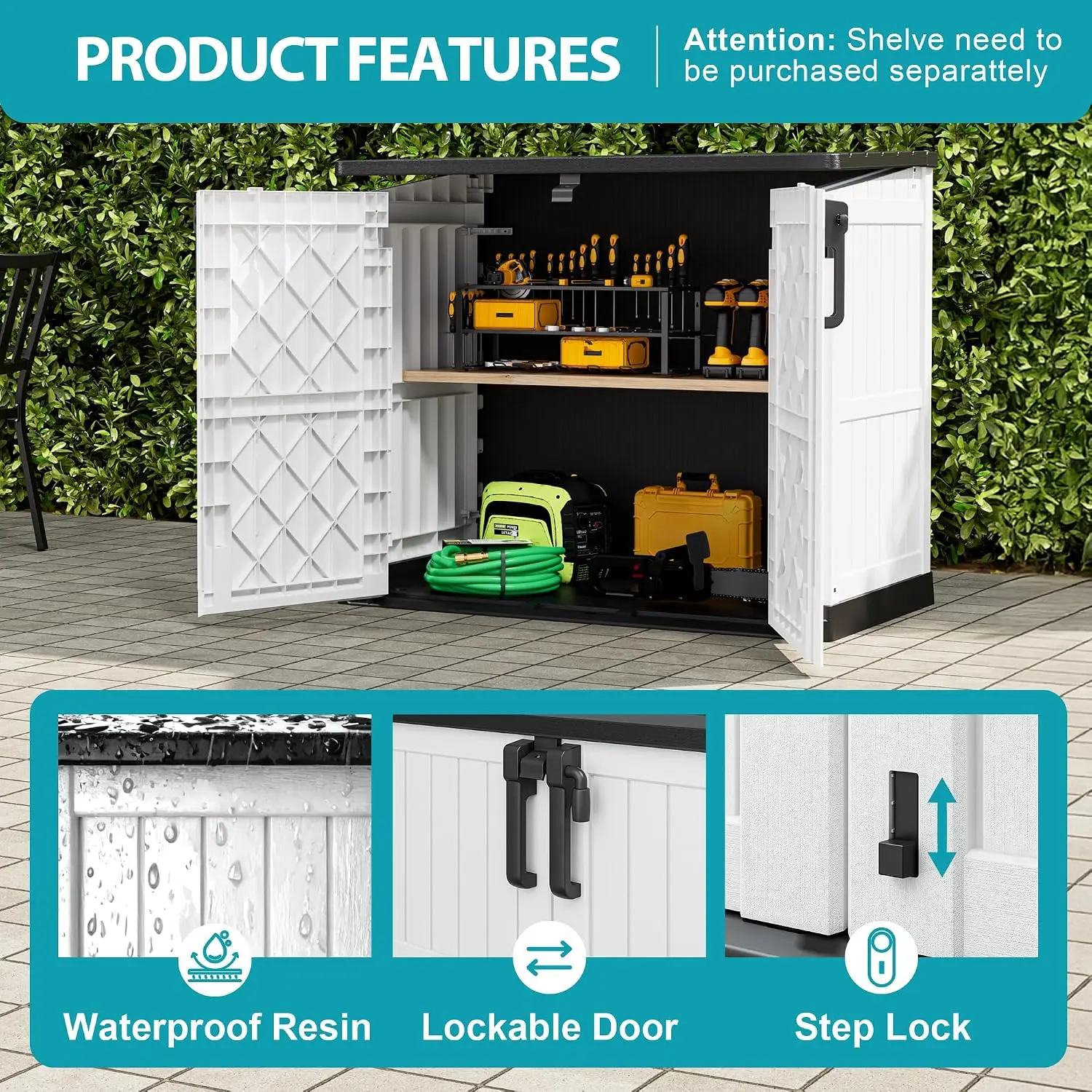 Horizontal Resin Storage Shed 36 Cu Ft Lockable Portable Outdoor Cabinet Waterproof Backyard Box Easy Assemble, Customized
