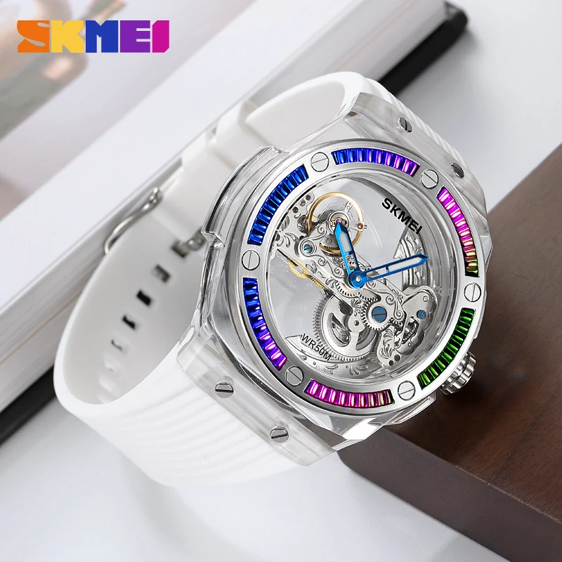 SKMEI Automatic Watch Skeleton Waterproof Wristwatch for Man Luxury Transparent Mechanical Watches Male Clock Silicone Strap