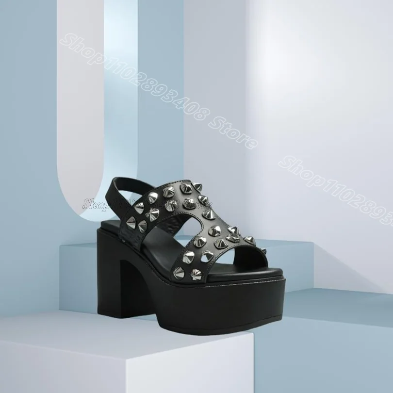

Black Rivet Punk Style Sandals Platform Open Toe Chunky Heels Solid Women Summer Fashion Casual Shoes 2025 Zapatos Para Mujere