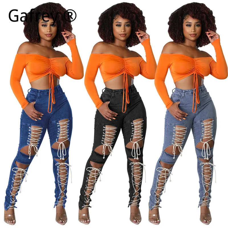 

2026 Fashion Women Sexy Drawstring Waist Denim Jeans Summer Casual Slim Fit Fashion Streetwear Wide Leg Pants New Trendy