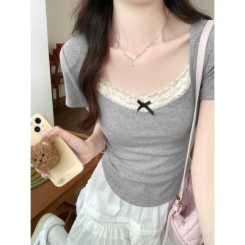 

Gray Stitching LacevCollar Short SleevetT-shirt Women's Summer Inner Bottoming Shirt Slim-Fit Chic Style Top