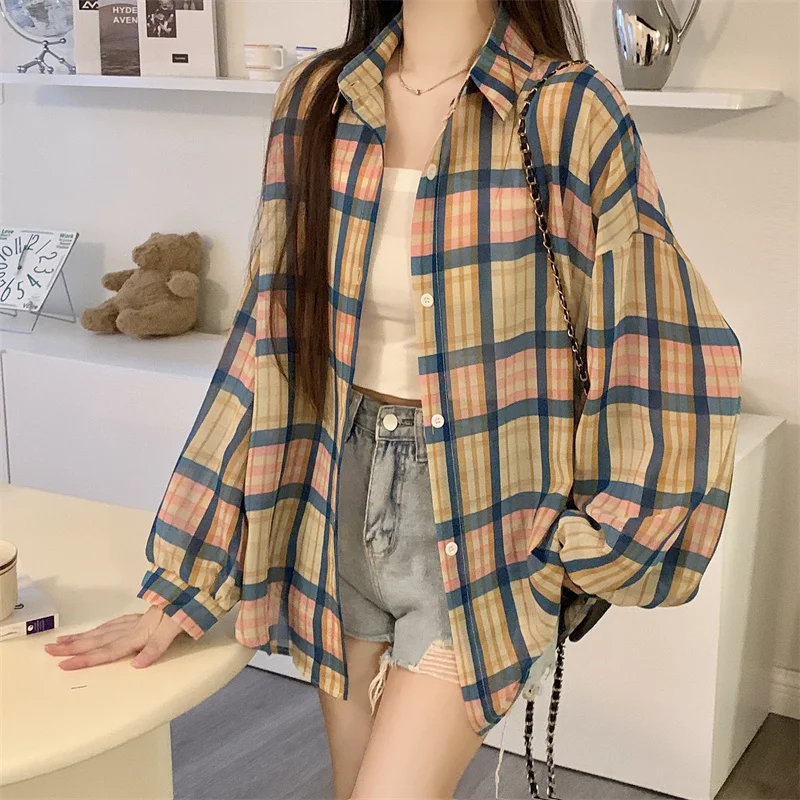 Sheer Plaid Shirt Women Thin Chiffon Long Sleeve Collared Button Up Blouse Top Female Oversized Check Shirts Casual Outfit