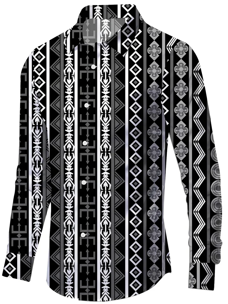 Men's dark ethnic pattern 3D printed long-sleeved lapel dress shirt simple business casual office party high-end clothing men's