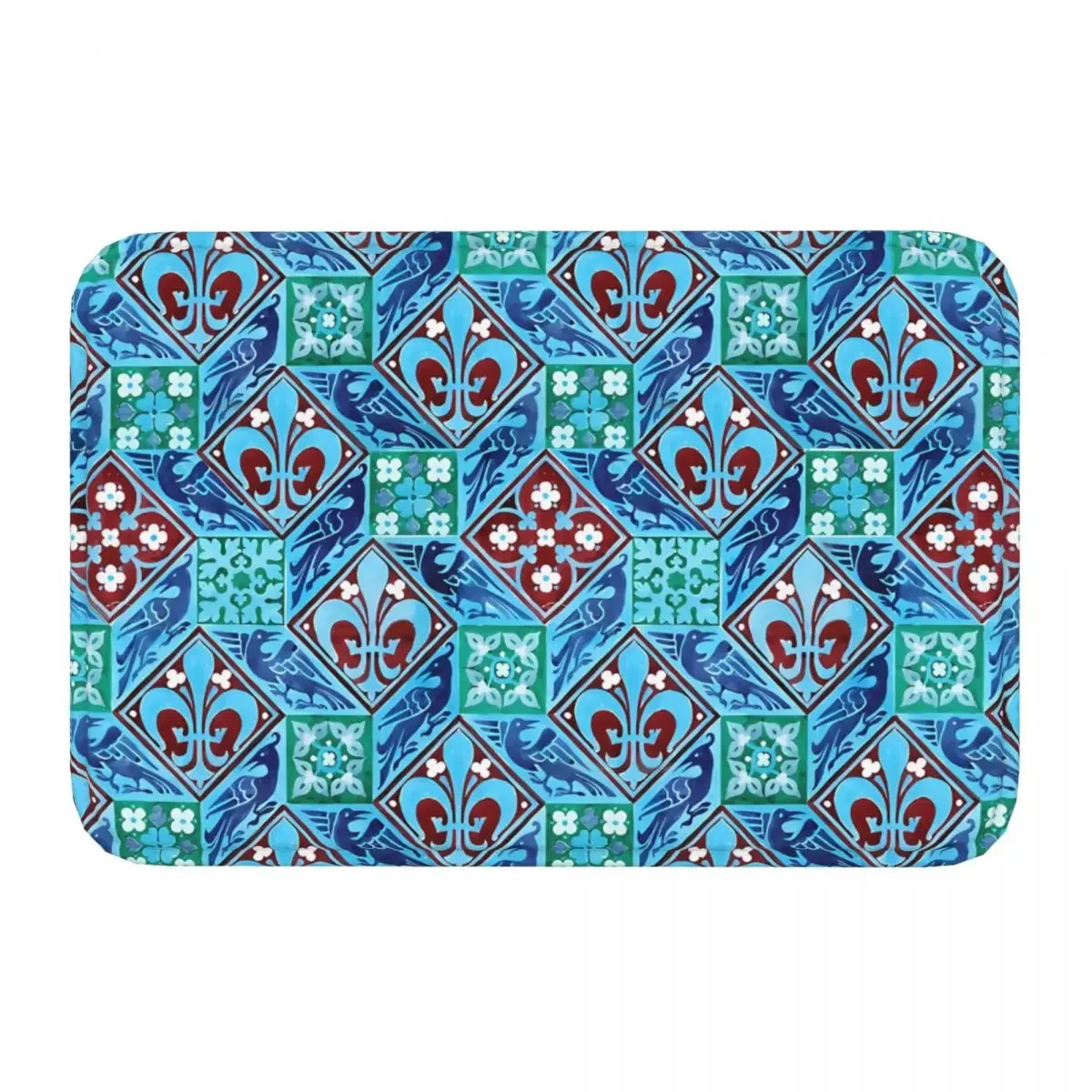 Fleur De Lys Non-slip Rug Doormat Bath Mat BIRDS RHOMBI AND SQUARE FLORAL MOTIFS IN TEAL BLUE RED Balcony Carpet Bedroom