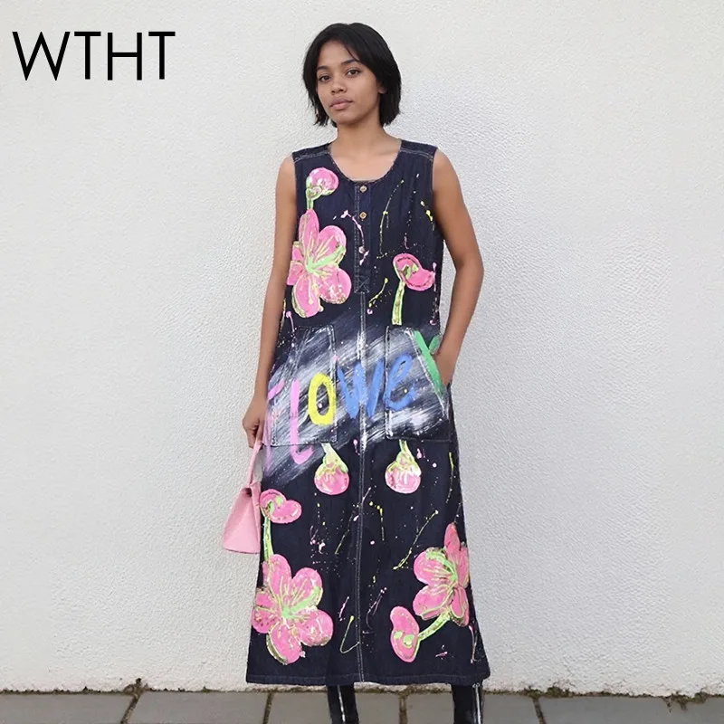 

WTHT модное новое женское свободное джинсовое платье с цветочным принтом и буквенным принтом, лето 2029, модные платья без рукавов с v-образным вырезом, женские 1LS2177