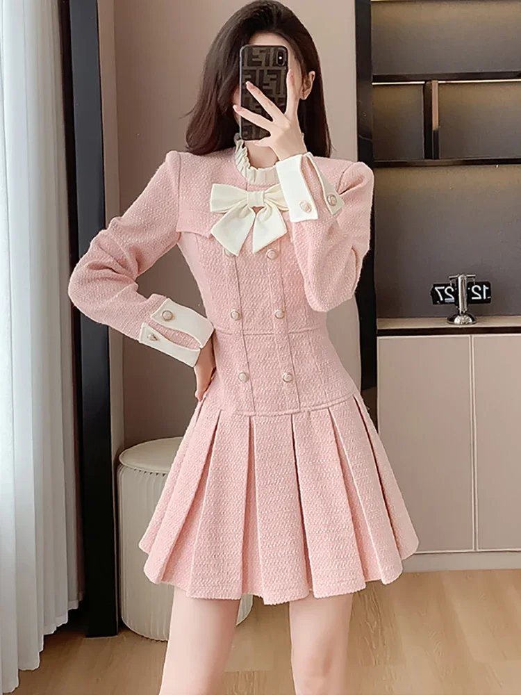 

Autumn Winter Pink Tweed Chic Bow Collar Mini Dress Women Thick Warm Pleated Prom Dress 2025 Korean Fashion Elegant Casual Dress