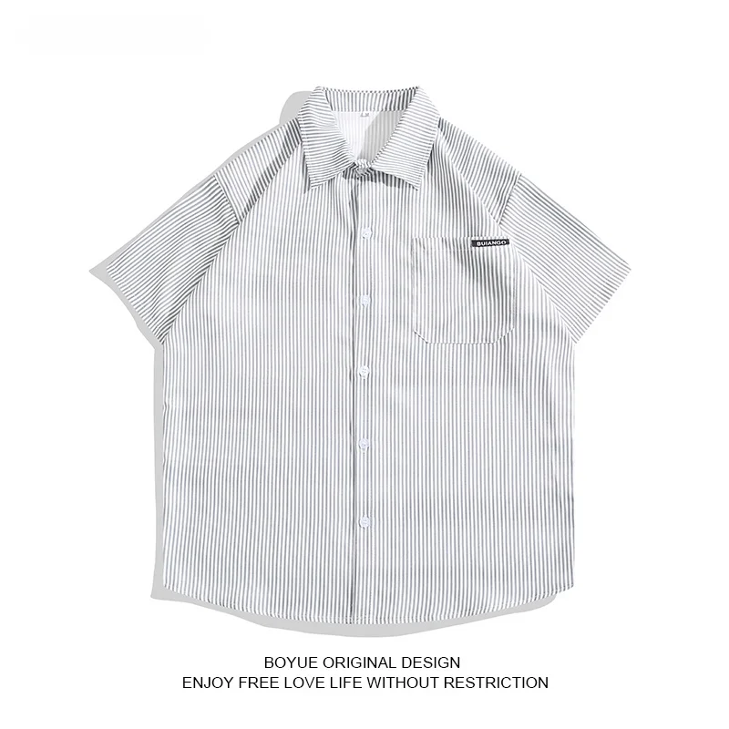 

Boyue Slim Stripe Men's irt Summer Korean Sle BF ort Sve Breathable Neutral Outerwear Loose Fit Youth Faion