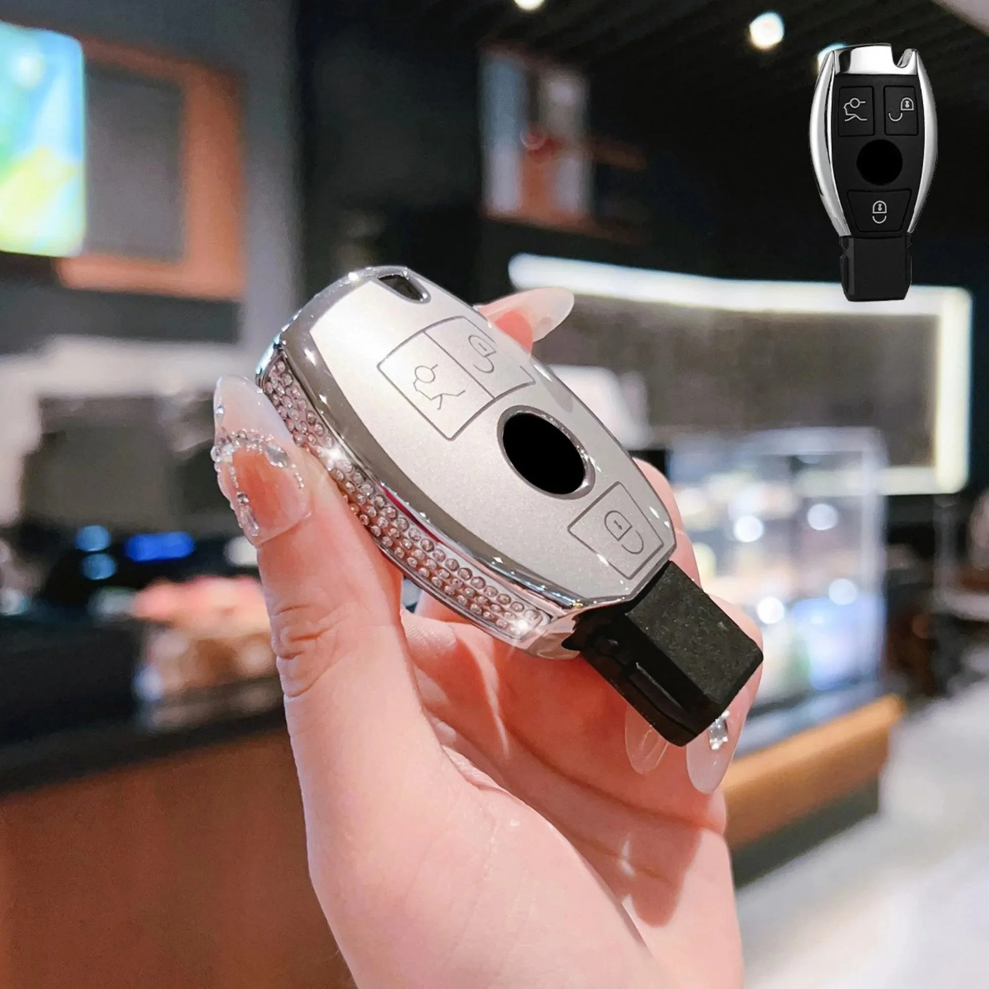 

[ Side Diamonds ] Bling TPU Smart Key Case, Compatible with Mercedes Benz C/C AMG, E/E AMG, R S G CL GLK ML Series (3-Buttoan)