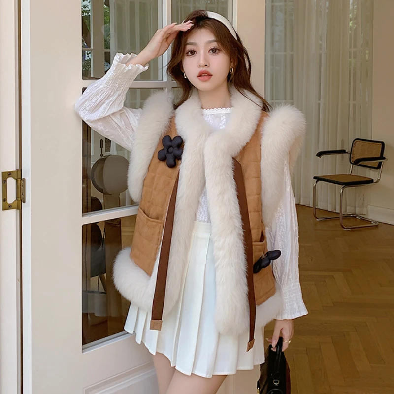 Women Winter 3D Flowers Decor Imitation Fox Fur Vest Sweet Furry Sleeveless Jacket Waistcoat Cotton Padded Tank Parka Tops 2022