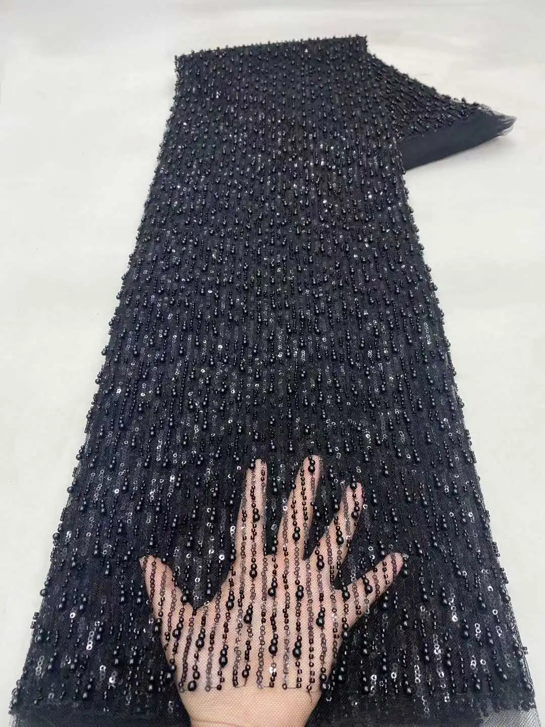 

African Beaded Mesh Lace Fabric 2025 High Quality French Sequins Lace Fabric 5 Yards For Nigerian Sewing Party Wedding Dresses
