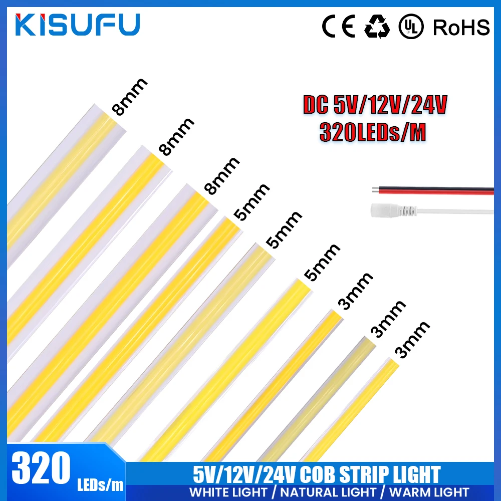 DC 5V/12V/24V COB LED Strip 3MM 5MM 8MM 320Leds/M Elastyczna taśma LED COB o dużej gęstości do szafek domowych Oświetlenie liniowe