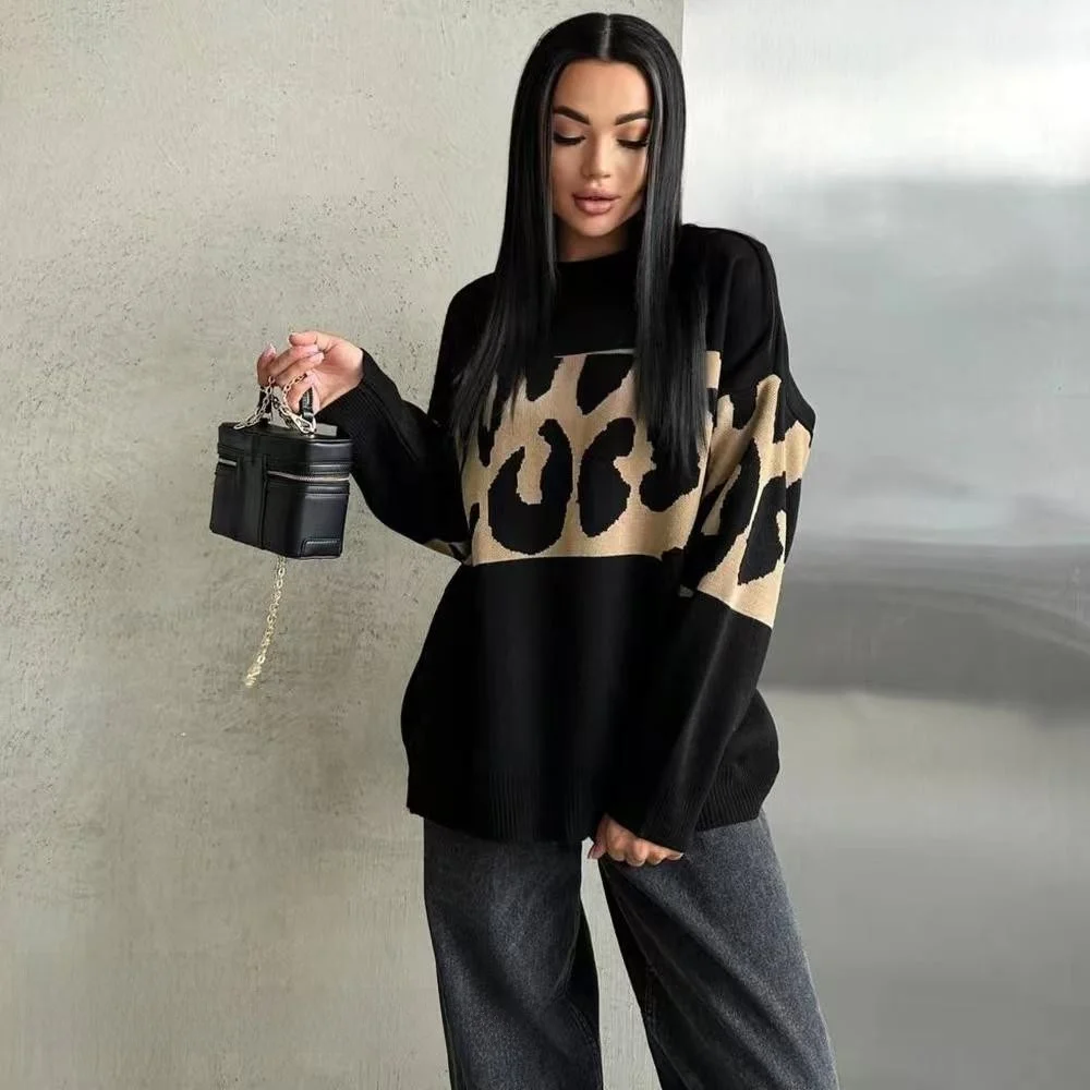 

Retro Loose Leopard Print Sweater Casual Contrast Color Long Sve round Ne Mid-Length Women's Knitwear Autumn Winter
