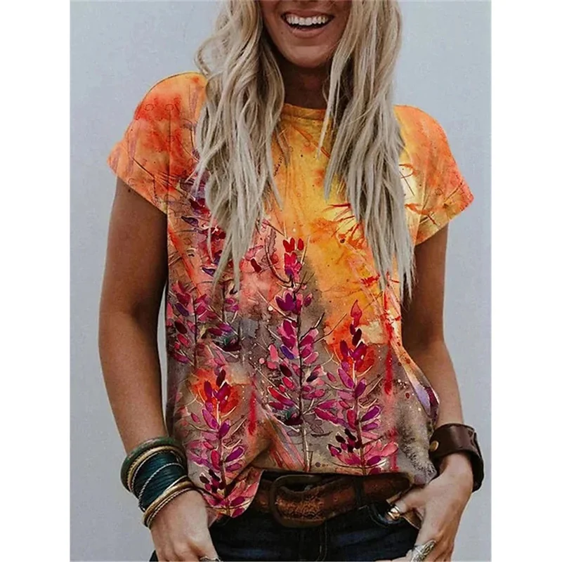 

Винтажная футболка с 3D принтом и цветком для женщин, красочные графические футболки, летние свободные футболки в стиле Харадзюку, топы с круглым вырезом и короткими рукавами