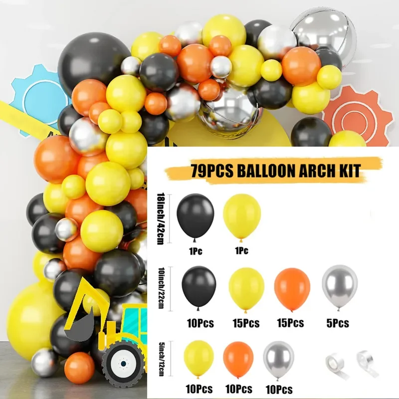 79pcs, Orange Black Yellow Silvery Construction Party Balloon Garland Kit for Birthday Party Decoration Supply, Globos balloon