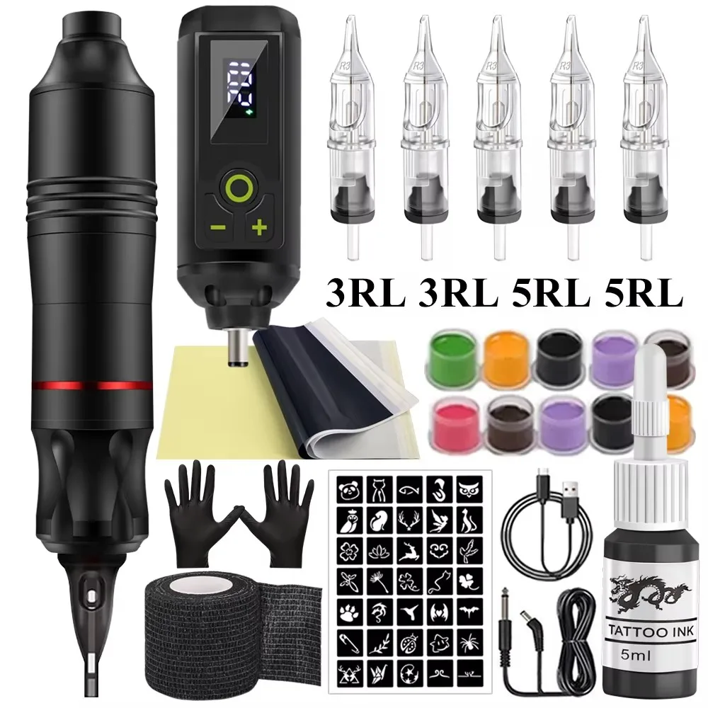Tattoo Machine Kit Tattoo Pen Machine Set met draadloze voeding Tattoo Cartridge Naalden Inkten voor Tattoo Beginner