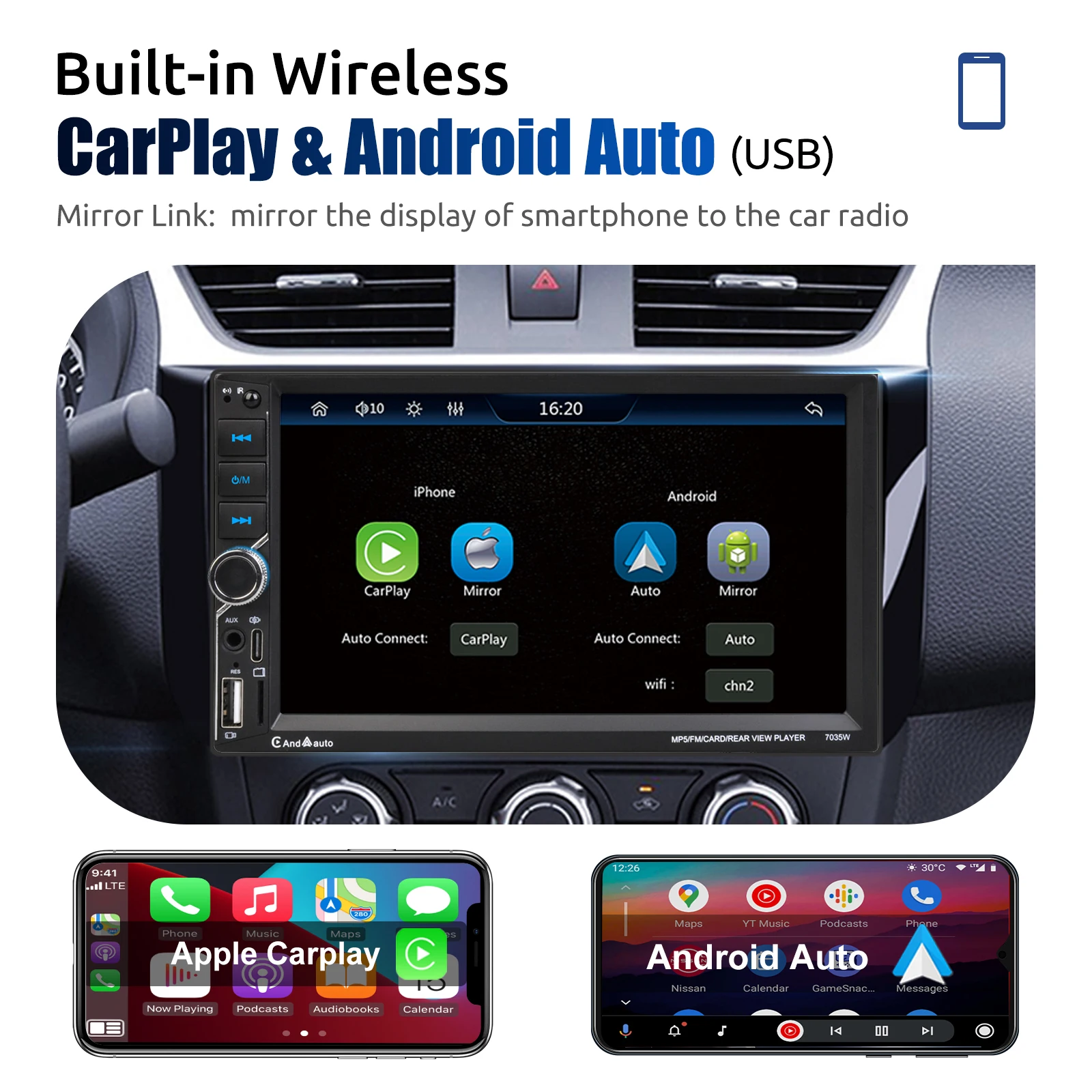 ESSGOO 2 DIN 7 Zoll IPS Touchscreen Wireless Apple Carplay Android Auto Autoradio Multimedia MP5 Player USB Bluetooth USB AUX TF