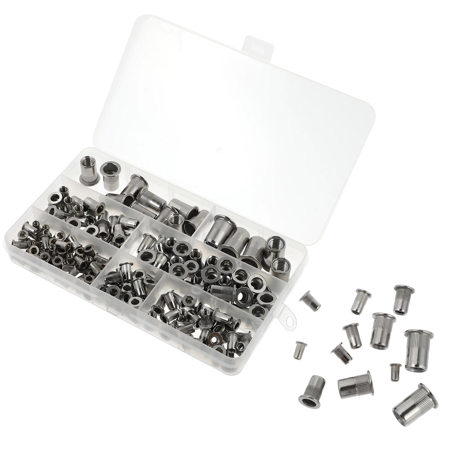 

165pcs Stainless Steel Nut Set Multipurpose Threaded Nuts Flat Head Rivet Nuts Assortment Kit Inserts Hardware