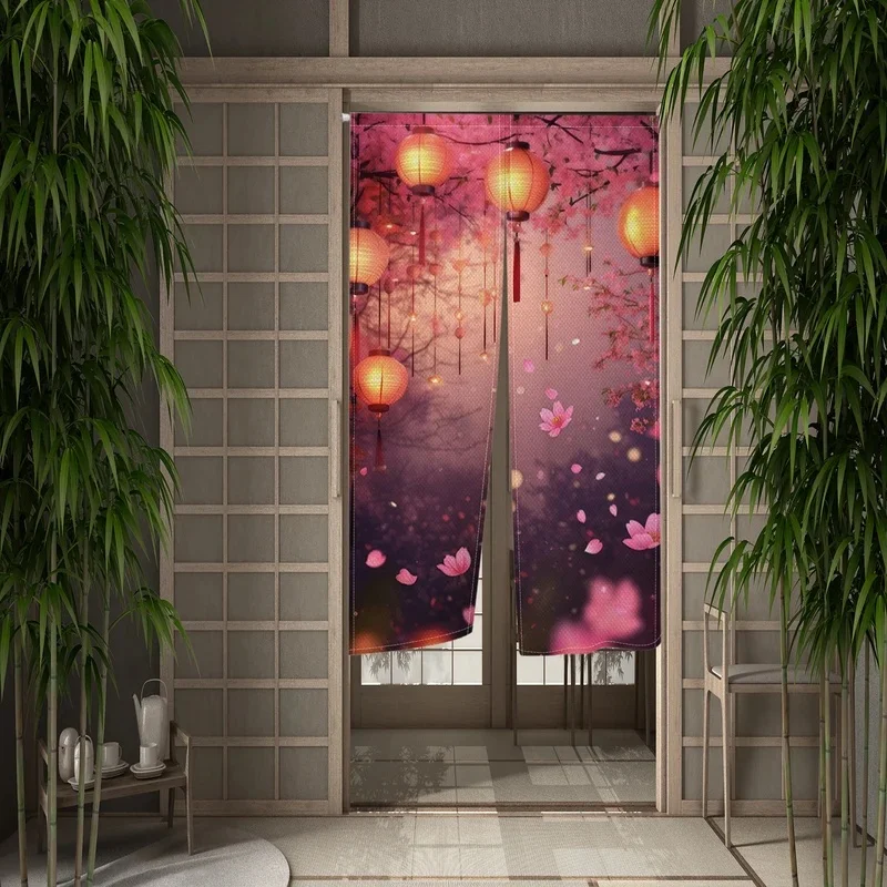 VIKAMA Cherry Blossom Lantern Noren Door Curtain, Romantic Pink Sakura Floating Petals Fabric Room Divider for Home Decor