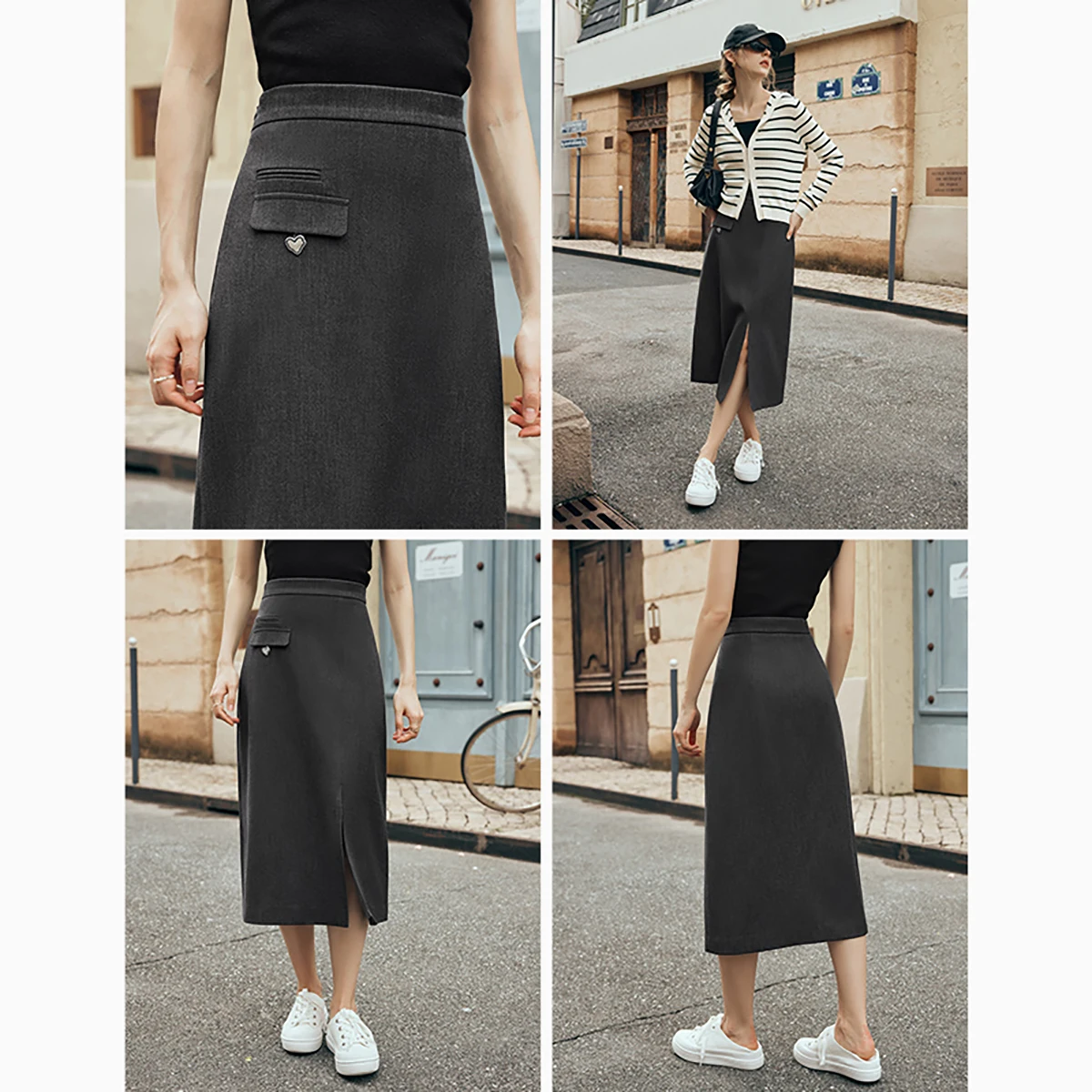 OLrain Women 's Midi Skirt 2025 Autumn Fall Elegant Fashion High Waist Straight Split Skirt Simple Woman Clothing O23QB82518
