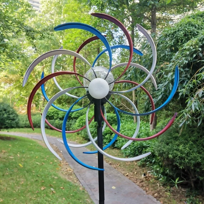 Multicolor Dual-Rotating Metal Wind Spinner Garden Yard Outdoor Kinetic Sculpture Decor Weatherproof Paint Finish Tall Stake